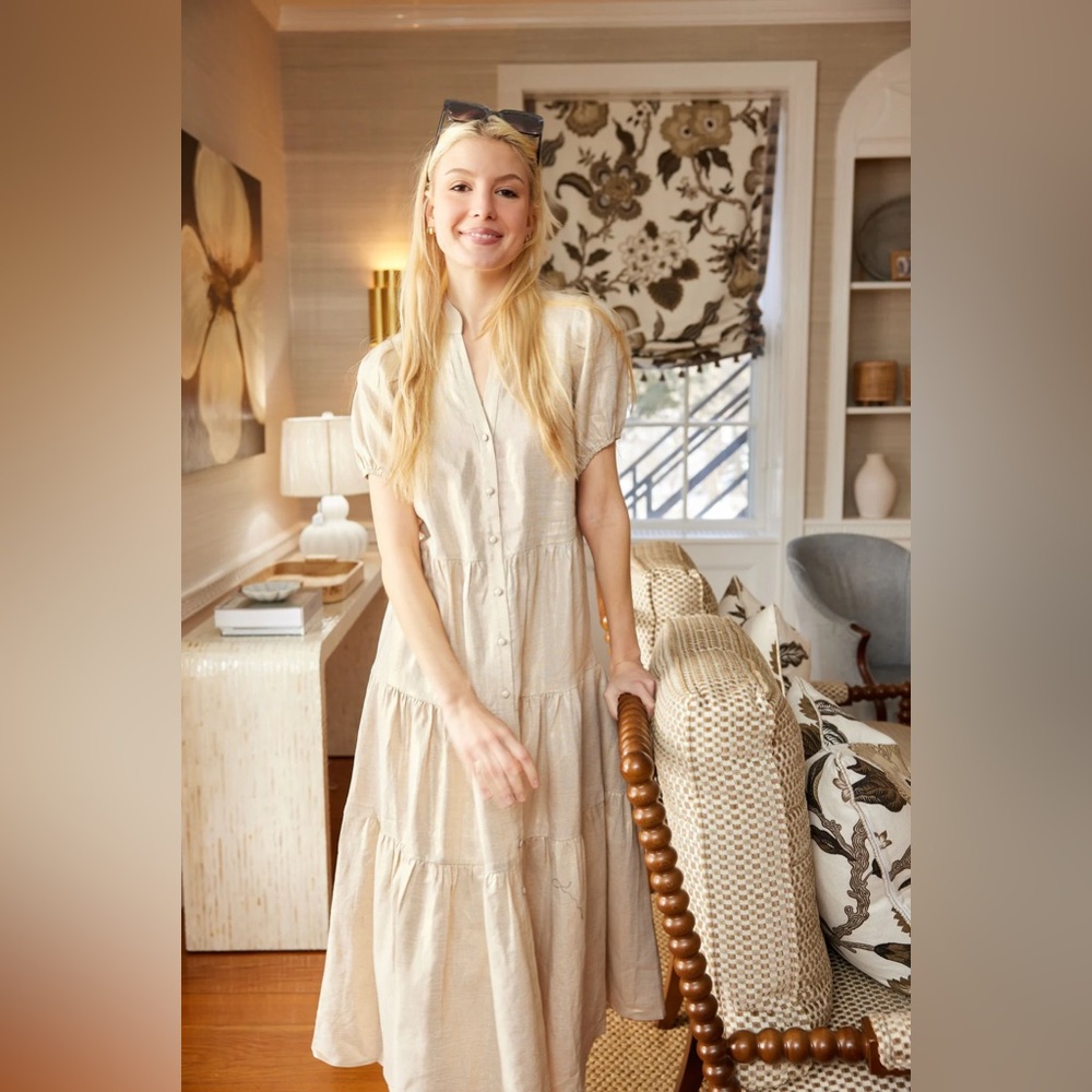 NWT SAIL TO SABLE Gold Tiered Button-Front Midi Dress